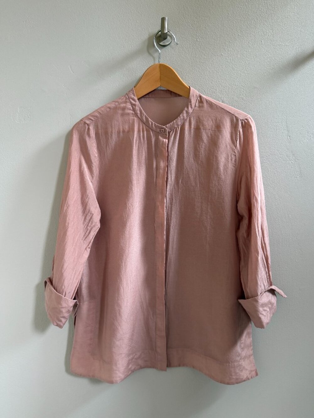 Dusty Rose Cotton Silk Blend Blouse Hidden Button Mandarin Collar